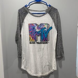 MTV Tie-Dye Logo Gray and White 3/4 Sleeve Tee